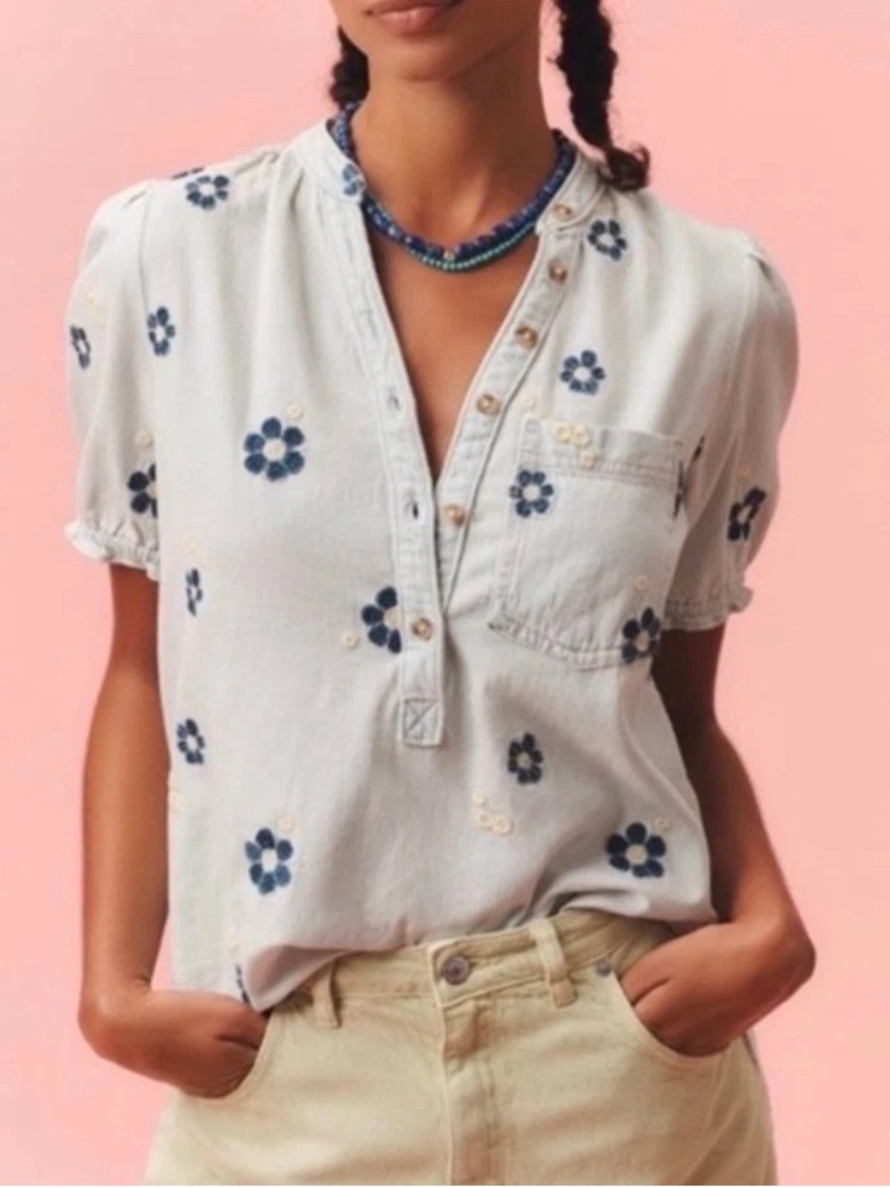 Pilcro Anthropologie Aly Embroidered Floral Puff-Sleeve Denim Top XL